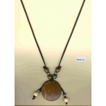 Necklace Coconut Pendant w/Blk Beaded Cord.BRN/SIL