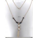 Necklace w/Muti beads&2pearls Ivo/Clr/Gold/Blk