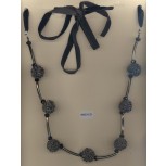 Necklace w/metal tube&ball&vetvet ribbon Gun/Blk