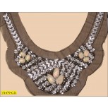 Collar Beaded U-shape Applique on Black Mesh 10 1/4"x8 1/2" Silver and Irredesent White