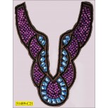 Collar Beaded Y-shape Applique on Satin Blue, Gold and Purple