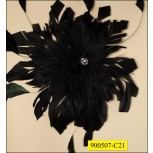 Feathered brooch with Clear Center Rhinestone 8" Black
