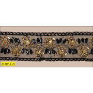 Beads  and Sequins on Scalloped Organza 2" Black and Light Gold