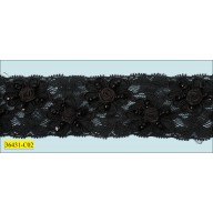 Beaded Stretch Lace Floral Design 2" Black