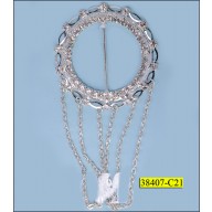 Buckle Round with Rhinestone in Bar and Chain Hanging 1 9/16" Clear and Nickel