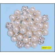 Brooch Rhinestone and Pearl Round 1 3/4" Clear and Ivory