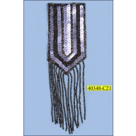 Triangular Applique with Sequins and Fringe Beads 4 3/4"x2 5/8" Gunmetal