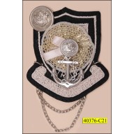 Marine Brooch with Silver Lurex and Chain 2 1/8" Black and Ivory