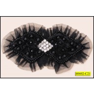 Applique Bow with Beads and center Rhinestones on mesh 63/4x3" Black