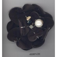 Flower Brooch 3/Pearls&Rstone3"Ivory/Clear/Black