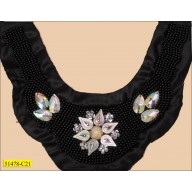 Collar Beaded U-shape Applique on Black Satin 9.75"x8.25" Silver and Irredesent Clear