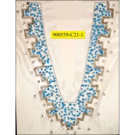 Collar Applique "V" shape beaded with rhinestones on White mesh Blue and Silver