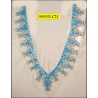 Collar Applique "V" Shape beaded on White mesh 10x8 1/2" Blue and Silver