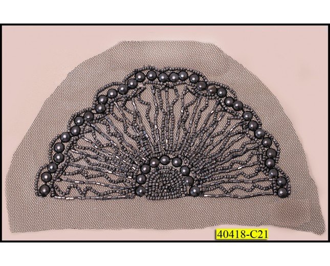 Beaded Applique Scallop on Mesh 6 1/4"x3 1/2" Black and Gunmetal
