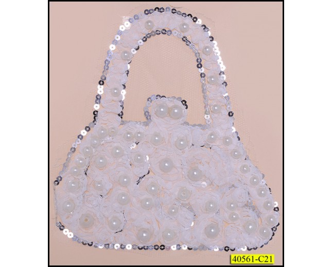 Applique Purse with Roses, Pearls and Sequins 8.5" White