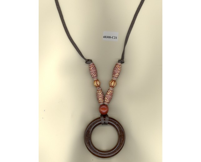 Necklace Wooden Donut Pendant w/Beaded FCord. BRN