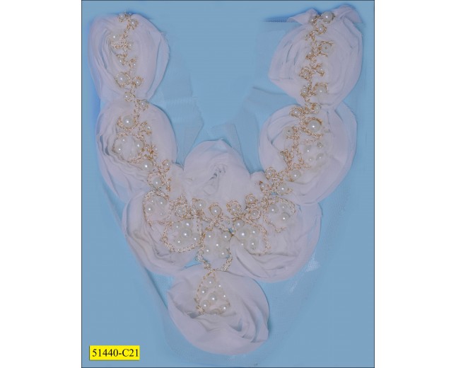 Collar Floral Chiffon Applique with Pearl 9"x12" White and Gold