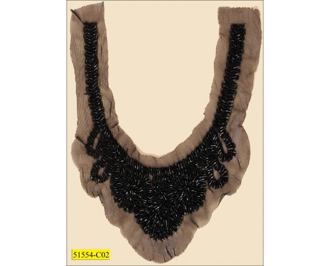 Collar Applique with beads and scalloped edge on mesh 8 1/2" Black