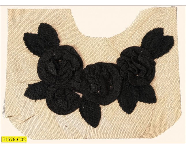 Cotton Collar Applique floral with leaves on mesh 6" Black