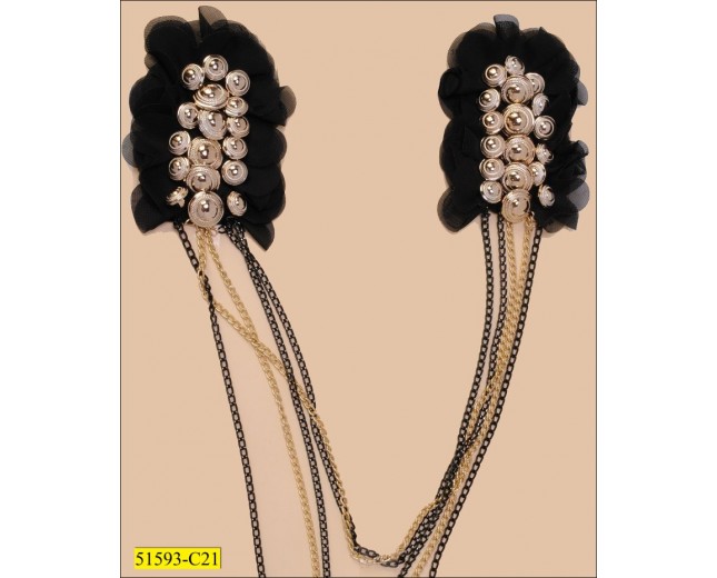Collar with 2 Black Chiffon flower and hanging Gold and Black Chains with Beads
