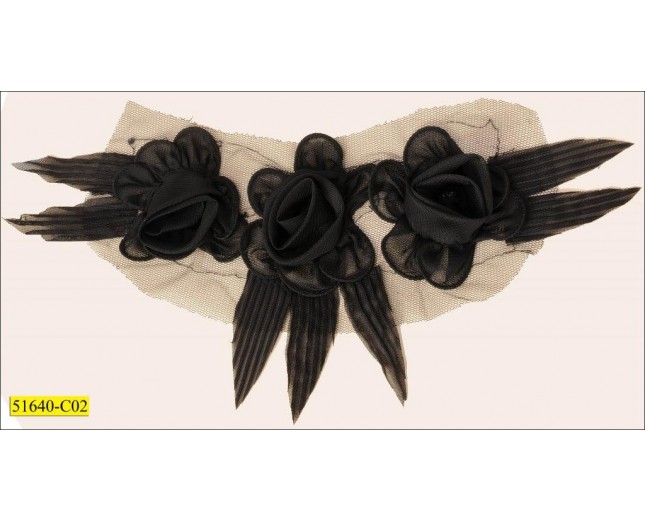 Collar Applique floral chiffon on mesh 12x5 3/8" Black