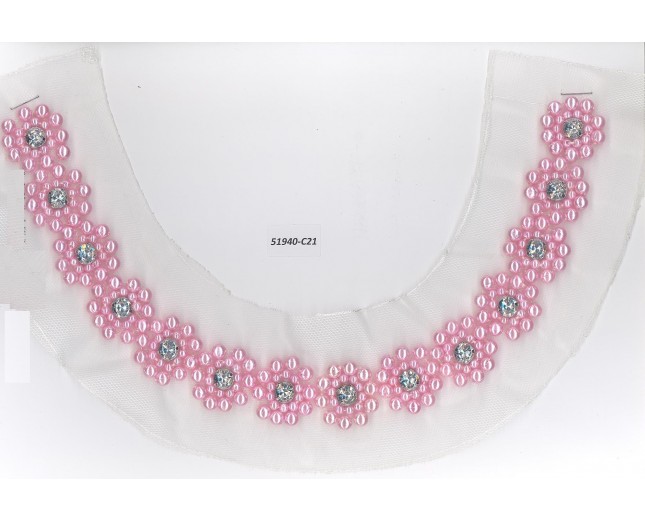 Collar w/pearl flowers & R/stone 8x6 Pink/Clear