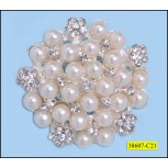 Brooch Rhinestone and Pearl Round 1 3/4" Clear and Ivory