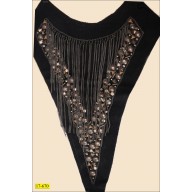 Collar Beaded Applique with Hanging Chain on Fabric 12" Black and Brass